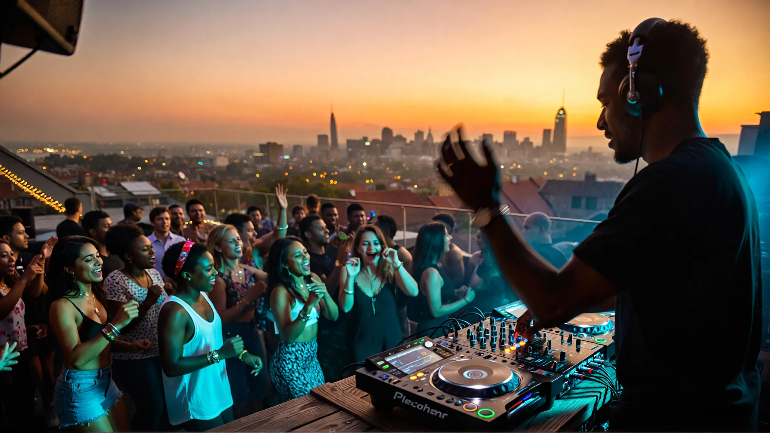 DJ performing with crowd at sunset